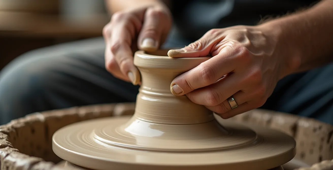 Axe Macro & Textural : Détail de mains modelant l'argile montrant la transformation progressive