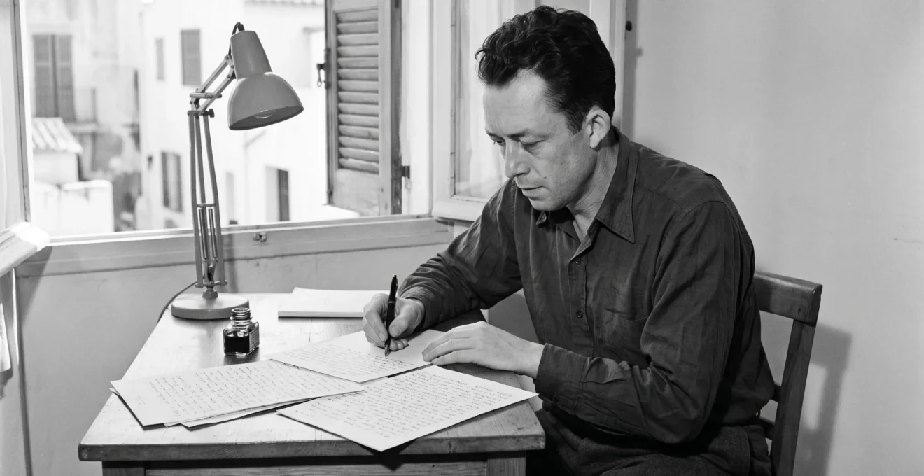 Albert Camus écrivant à son bureau près d'une fenêtre méditerranéenne, photographie documentaire noir et blanc années 1940