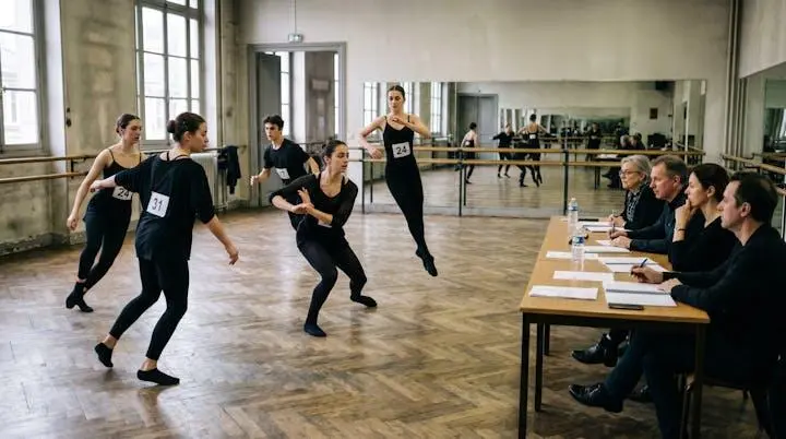 Audition de danse avec candidats en mouvement devant un jury de sélection professionnel