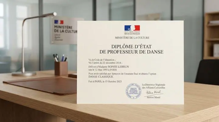 Diplôme officiel de danse avec en-tête Ministère de la Culture sur bureau administratif