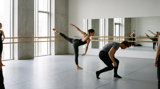 Studio de danse contemporaine professionnel avec sol spécialisé, barres murales et danseurs en mouvement technique